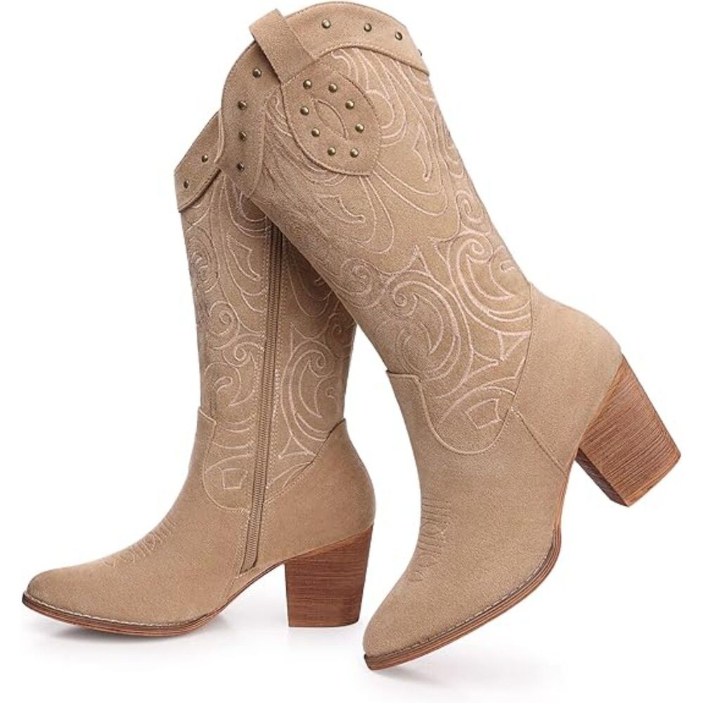 Women Apricot Western Pointed Toe Chunky Heel Embroidered Mid Calf Cowgirl Boot